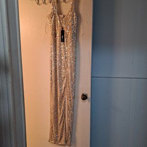 Sleeveless Champagne Sequin Prom Maxi Dress Gown With Slit NWT